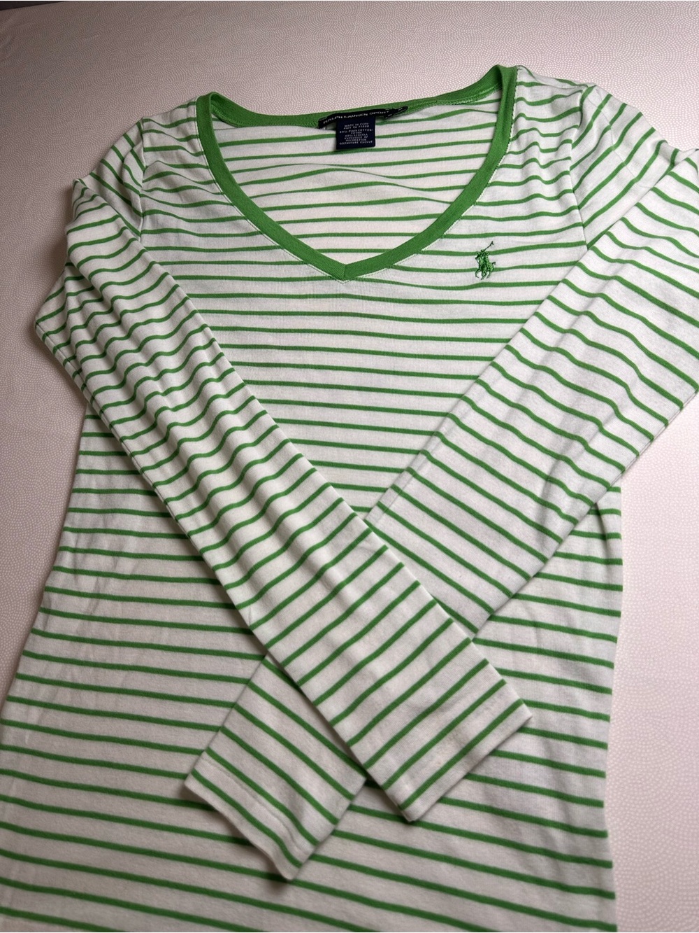 Ralph Lauren Sport Green White Striped V Neck Shirt Women’s M Lyocell - Picture 10 of 11